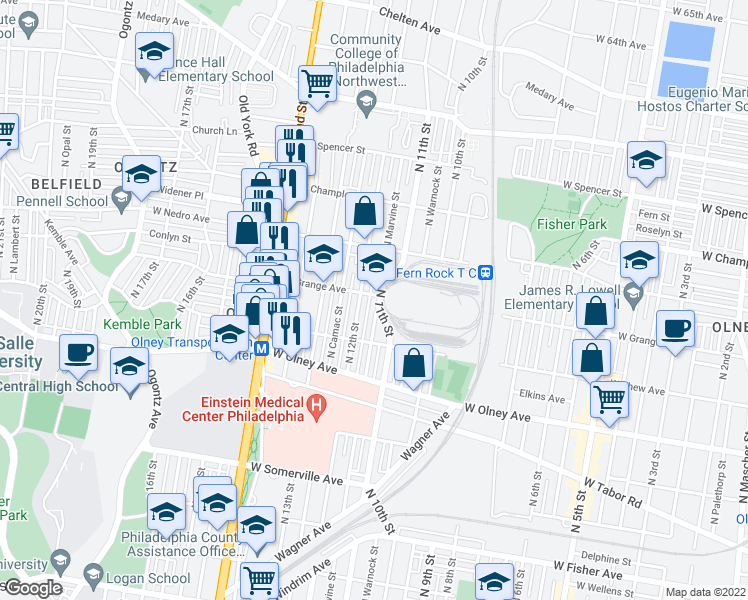map of restaurants, bars, coffee shops, grocery stores, and more near 1120 West Grange Avenue in Philadelphia