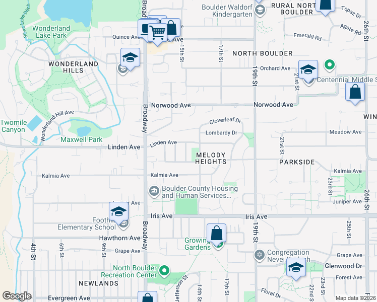 map of restaurants, bars, coffee shops, grocery stores, and more near 3660 Conifer Court in Boulder