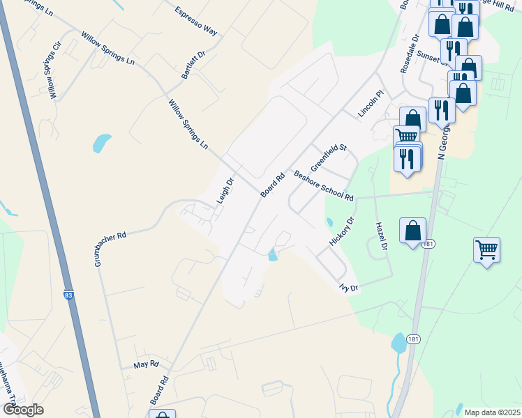 map of restaurants, bars, coffee shops, grocery stores, and more near 3901 Board Road in York