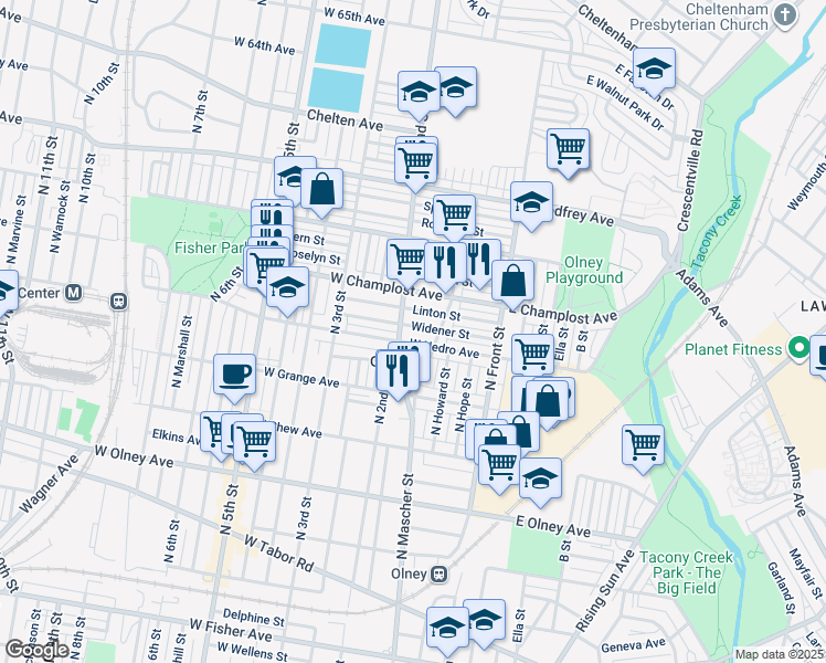 map of restaurants, bars, coffee shops, grocery stores, and more near 186 Widener Street in Philadelphia