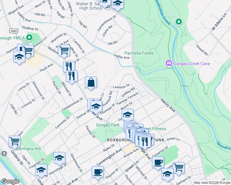 map of restaurants, bars, coffee shops, grocery stores, and more near 6511 Shalkop Street in Philadelphia
