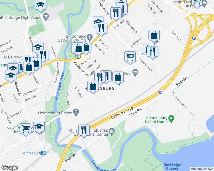 map of restaurants, bars, coffee shops, grocery stores, and more near 8421 Torresdale Avenue in Philadelphia