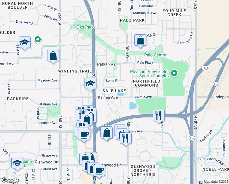 map of restaurants, bars, coffee shops, grocery stores, and more near 2900 Island Drive in Boulder