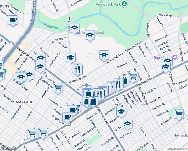 map of restaurants, bars, coffee shops, grocery stores, and more near 3317 Tudor Street in Philadelphia