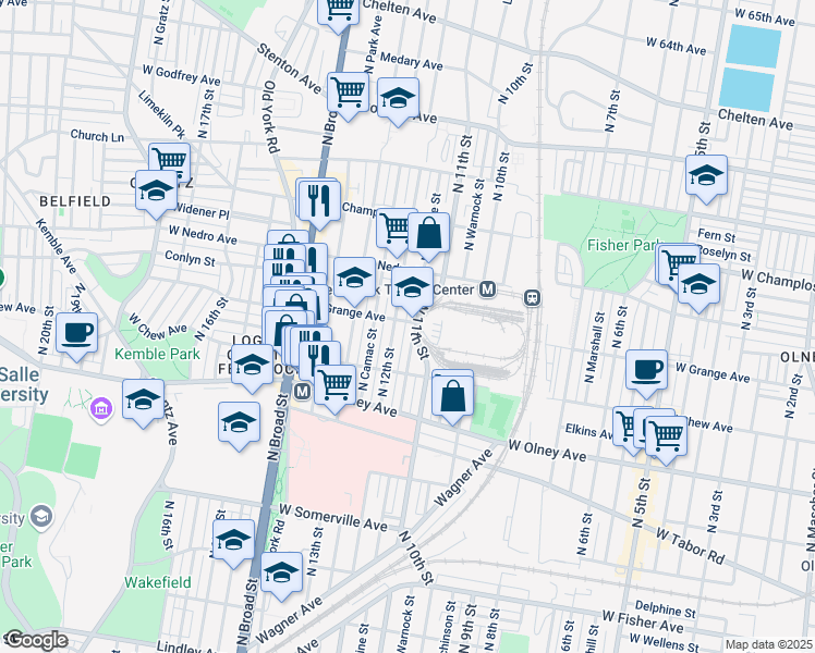 map of restaurants, bars, coffee shops, grocery stores, and more near 1120 West Grange Avenue in Philadelphia