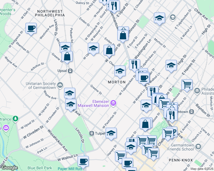 map of restaurants, bars, coffee shops, grocery stores, and more near 6323 Burbridge Street in Philadelphia