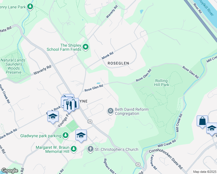 map of restaurants, bars, coffee shops, grocery stores, and more near 1209 Rose Glen Road in Gladwyne