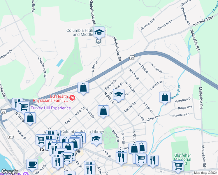 map of restaurants, bars, coffee shops, grocery stores, and more near 920 Spruce Street in Columbia