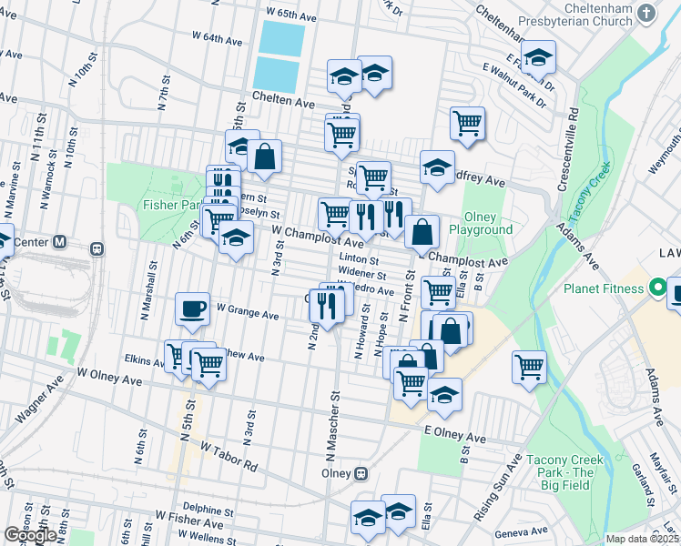 map of restaurants, bars, coffee shops, grocery stores, and more near 186 Widener Street in Philadelphia
