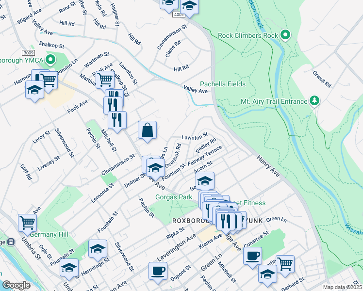 map of restaurants, bars, coffee shops, grocery stores, and more near 561 Overlook Road in Philadelphia