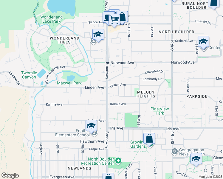 map of restaurants, bars, coffee shops, grocery stores, and more near 1220 Linden Avenue in Boulder