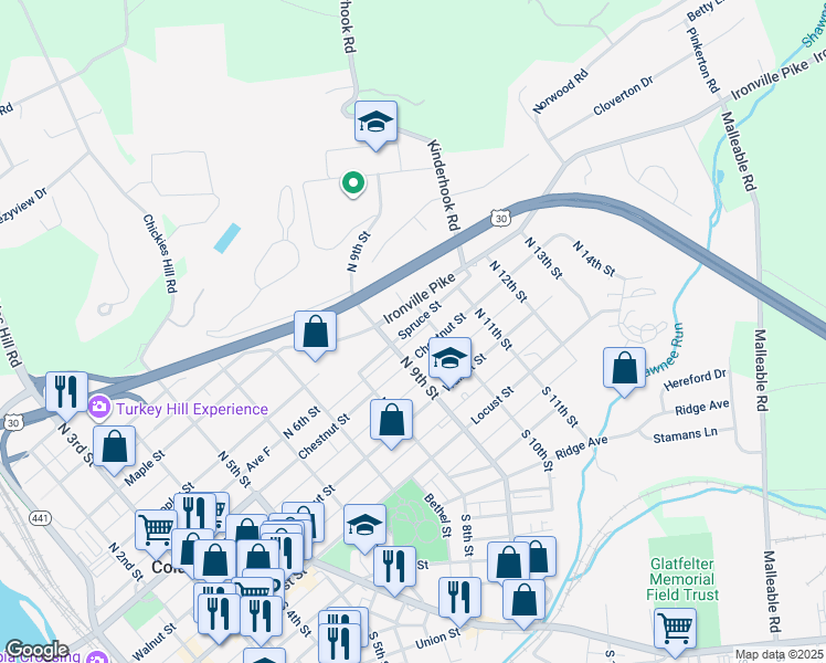 map of restaurants, bars, coffee shops, grocery stores, and more near 920 Spruce Street in Columbia