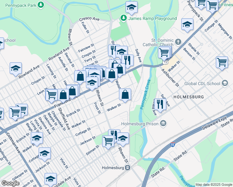 map of restaurants, bars, coffee shops, grocery stores, and more near 8066 Erdrick Street in Philadelphia