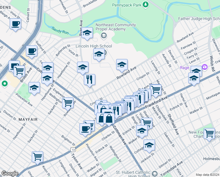 map of restaurants, bars, coffee shops, grocery stores, and more near 3317 Tudor Street in Philadelphia