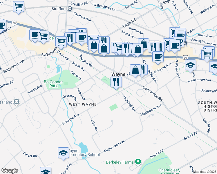 map of restaurants, bars, coffee shops, grocery stores, and more near 304 Liberty Lane in Wayne