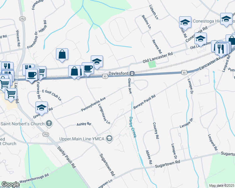 map of restaurants, bars, coffee shops, grocery stores, and more near 1420 Pennsylvania Avenue in Berwyn