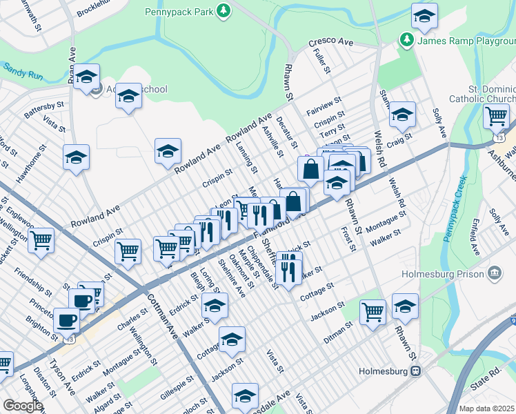 map of restaurants, bars, coffee shops, grocery stores, and more near 3532 Meridian Street in Philadelphia