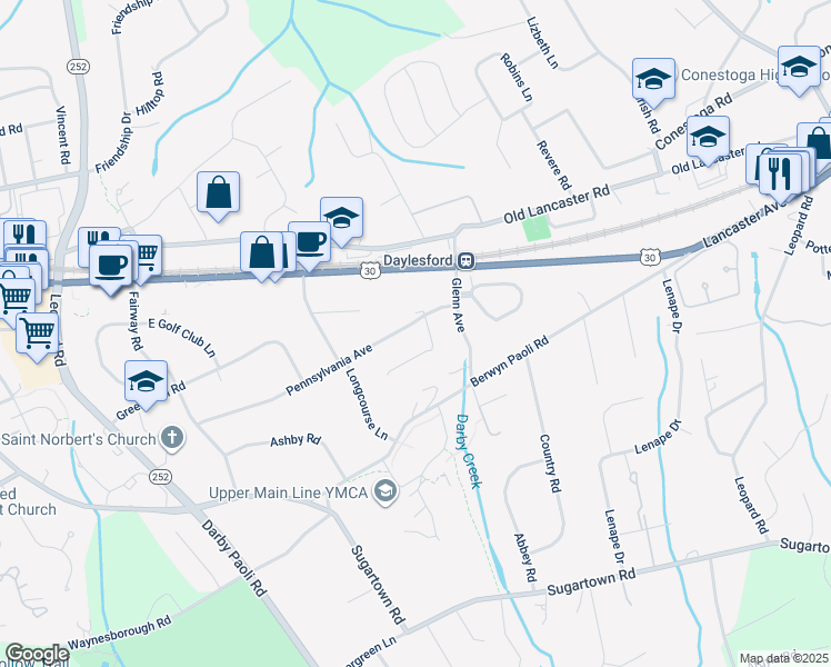 map of restaurants, bars, coffee shops, grocery stores, and more near 1420 Pennsylvania Avenue in Berwyn