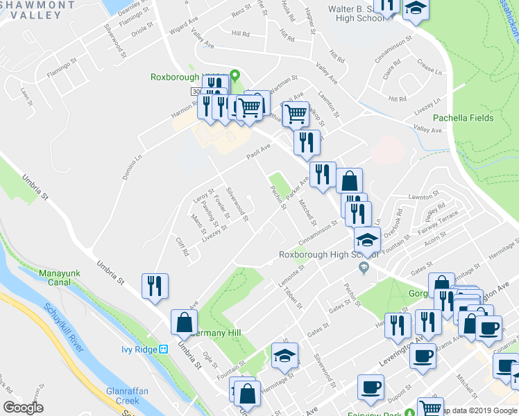 map of restaurants, bars, coffee shops, grocery stores, and more near 409 Livezey Street in Philadelphia