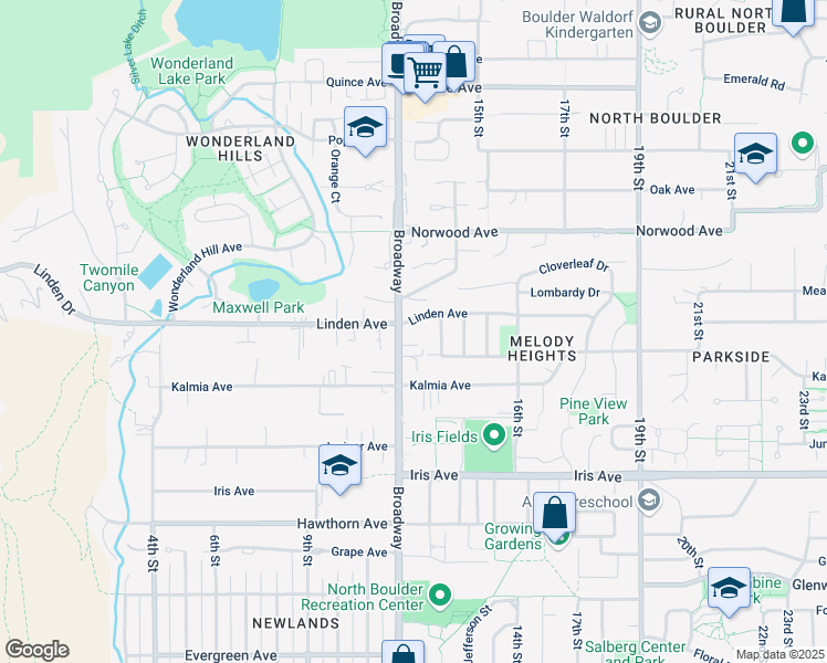map of restaurants, bars, coffee shops, grocery stores, and more near 1215 Linden Avenue in Boulder
