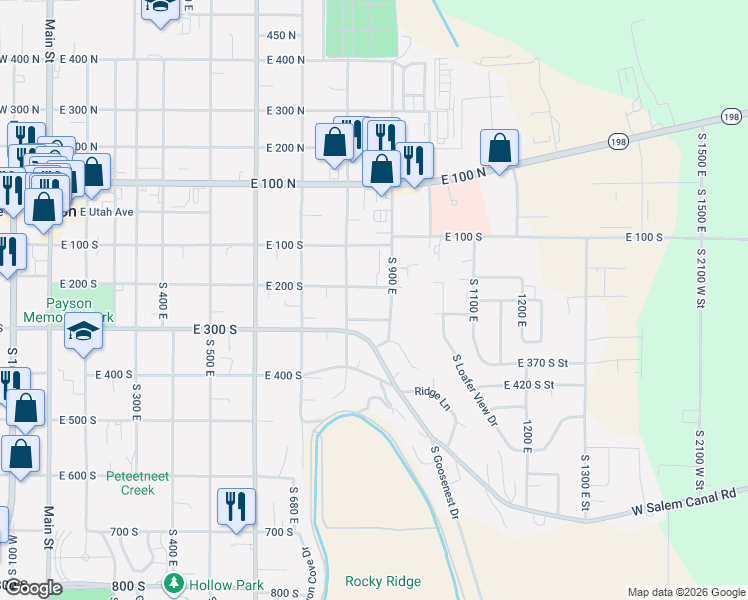 map of restaurants, bars, coffee shops, grocery stores, and more near 890 East 200 South in Payson