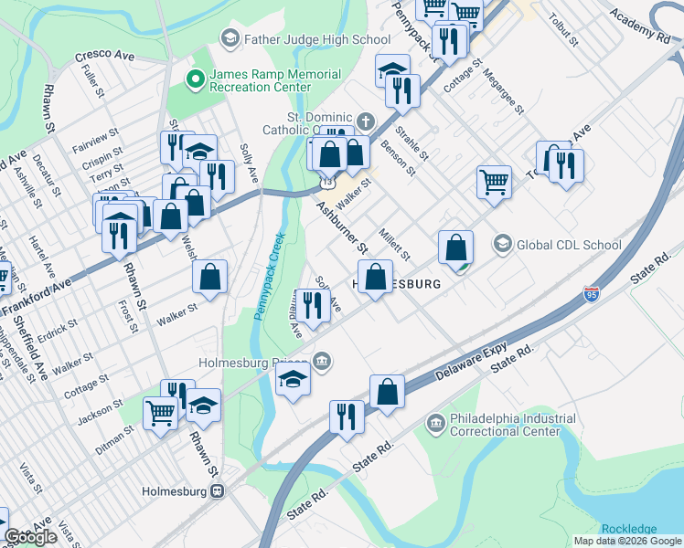 map of restaurants, bars, coffee shops, grocery stores, and more near 4418 Wingate Street in Philadelphia