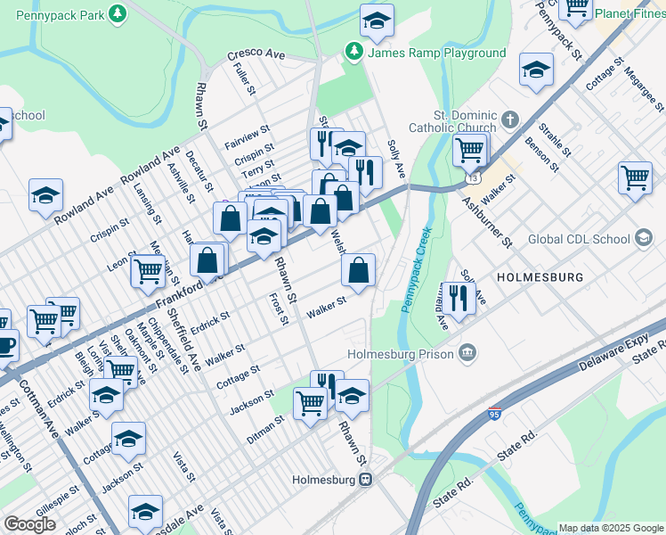 map of restaurants, bars, coffee shops, grocery stores, and more near 8066 Erdrick Street in Philadelphia