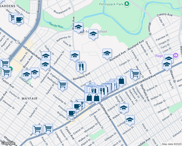 map of restaurants, bars, coffee shops, grocery stores, and more near 3300 Tudor Street in Philadelphia