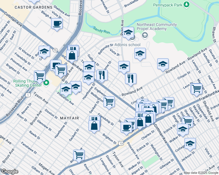 map of restaurants, bars, coffee shops, grocery stores, and more near 7323 Sackett Street in Philadelphia