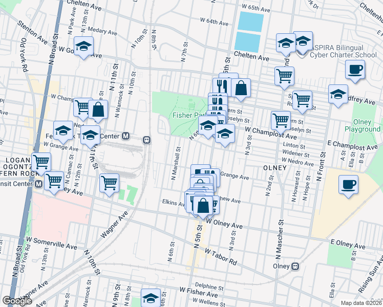 map of restaurants, bars, coffee shops, grocery stores, and more near 5846 North 6th Street in Philadelphia