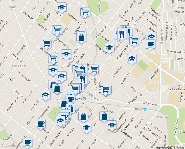 map of restaurants, bars, coffee shops, grocery stores, and more near 401 East Chelten Avenue in Philadelphia