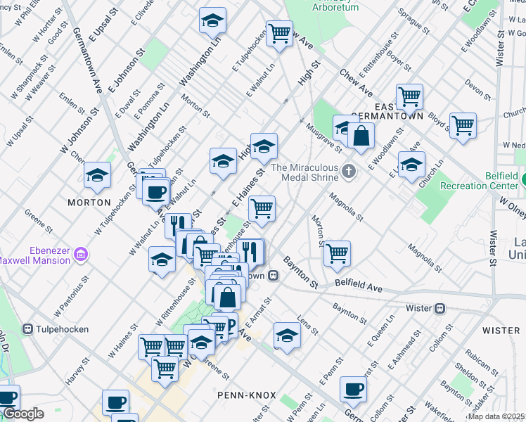map of restaurants, bars, coffee shops, grocery stores, and more near 347 East Rittenhouse Street in Philadelphia