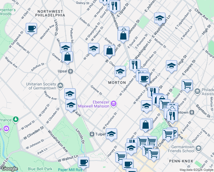 map of restaurants, bars, coffee shops, grocery stores, and more near 6328 Ambrose Street in Philadelphia