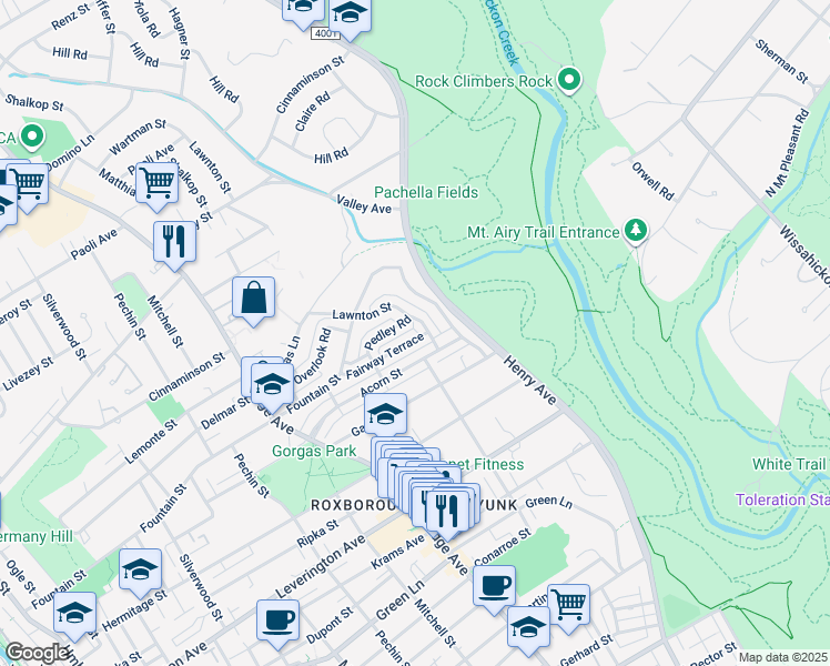 map of restaurants, bars, coffee shops, grocery stores, and more near 592 Fairway Terrace in Philadelphia
