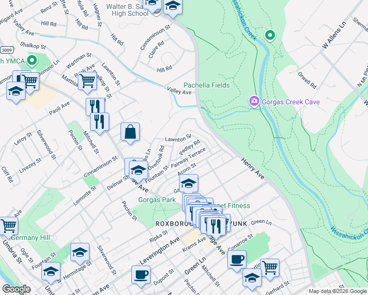 map of restaurants, bars, coffee shops, grocery stores, and more near 6480 Lawnton Street in Philadelphia