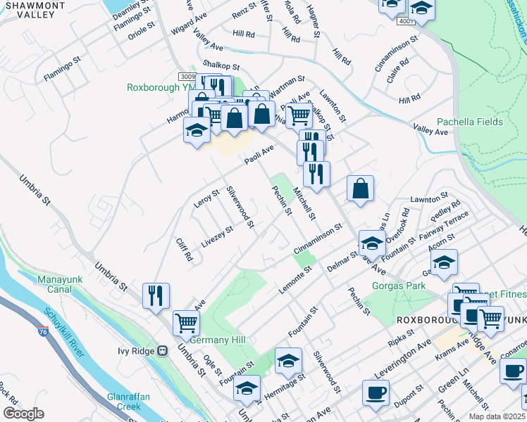 map of restaurants, bars, coffee shops, grocery stores, and more near 409 Livezey Street in Philadelphia