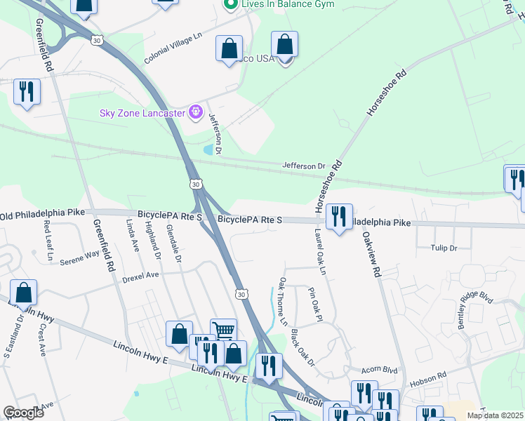 map of restaurants, bars, coffee shops, grocery stores, and more near 2005 Old Philadelphia Pike in Lancaster