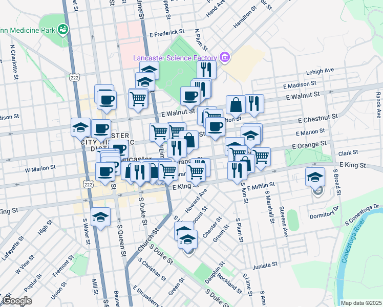 map of restaurants, bars, coffee shops, grocery stores, and more near 316 East Marion Street in Lancaster