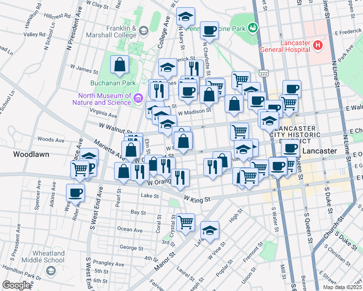 map of restaurants, bars, coffee shops, grocery stores, and more near 240 North Pine Street in Lancaster