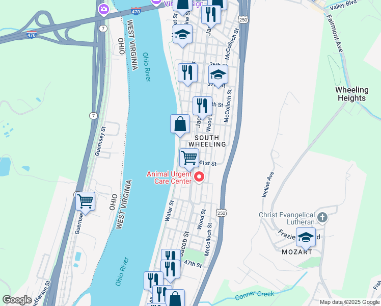 map of restaurants, bars, coffee shops, grocery stores, and more near 4016 Jacob Street in Wheeling