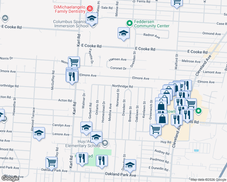 map of restaurants, bars, coffee shops, grocery stores, and more near 3627 Medina Avenue in Columbus