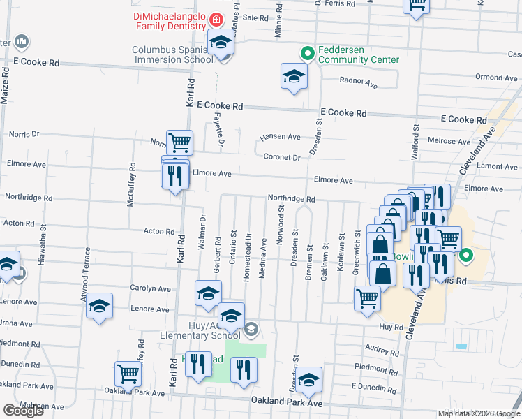map of restaurants, bars, coffee shops, grocery stores, and more near 3627 Medina Avenue in Columbus