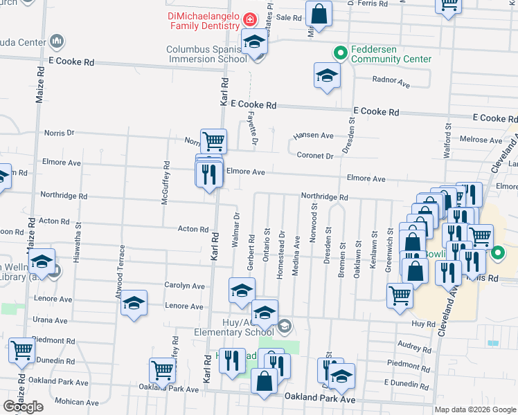 map of restaurants, bars, coffee shops, grocery stores, and more near 3637 Gerbert Road in Columbus