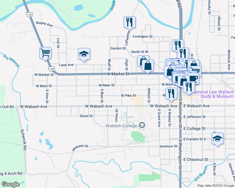 map of restaurants, bars, coffee shops, grocery stores, and more near 109 Marshall Street in Crawfordsville