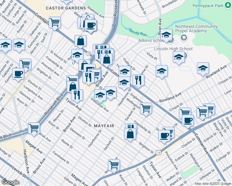 map of restaurants, bars, coffee shops, grocery stores, and more near 3010 Wellington Street in Philadelphia