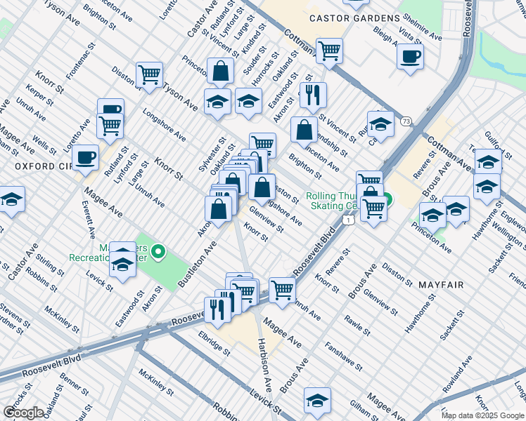 map of restaurants, bars, coffee shops, grocery stores, and more near 2129 Glenview Street in Philadelphia
