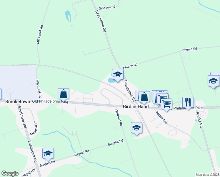 map of restaurants, bars, coffee shops, grocery stores, and more near 339 Enterprise Drive in Bird in Hand
