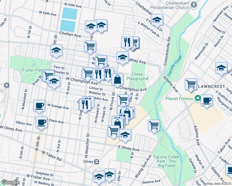 map of restaurants, bars, coffee shops, grocery stores, and more near 5935 North Front Street in Philadelphia