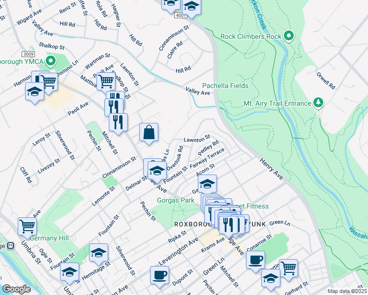 map of restaurants, bars, coffee shops, grocery stores, and more near 563 Overlook Road in Philadelphia