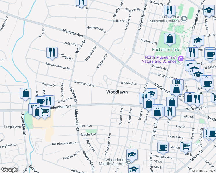 map of restaurants, bars, coffee shops, grocery stores, and more near 1111 Wheatland Avenue in Lancaster